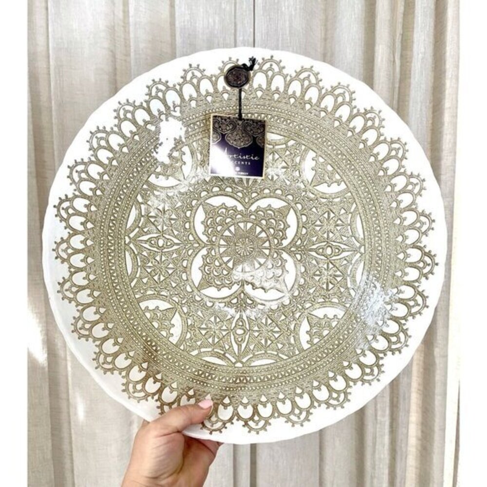 Artistic Accents White Glass Round Bowl Serving Salad Gold Lace Handmade 16"